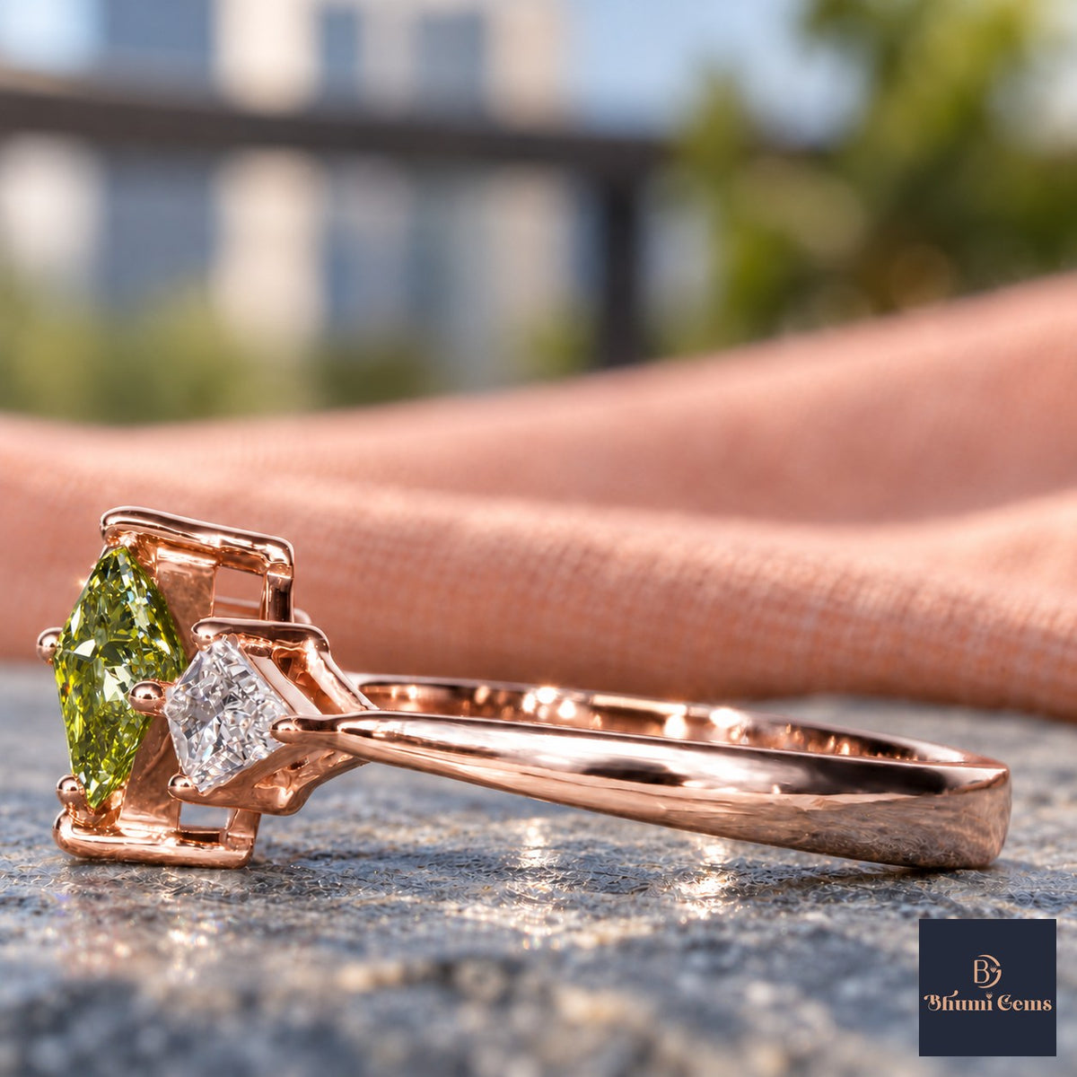 Green Princess Cut Lab Grown Diamond Engagement Ring - Trillion Three Stone in rose gold, side view