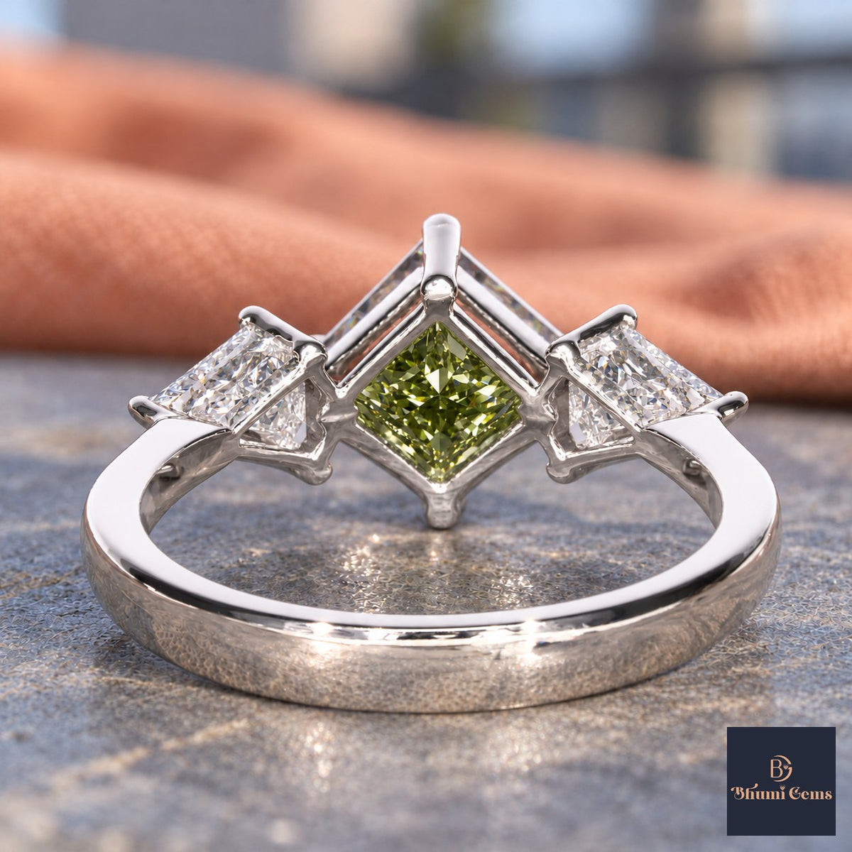 Green Princess Cut Lab Grown Diamond Engagement Ring - Trillion Three Stone in white gold, gallery view