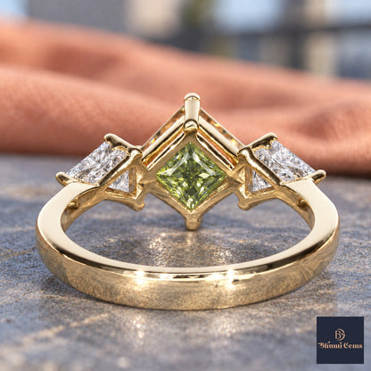 Green Princess Cut Lab Grown Diamond Engagement Ring - Trillion Three Stone in yellow gold, gallery view