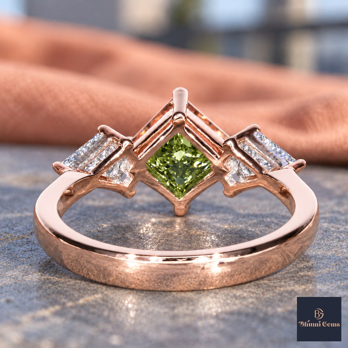 Green Princess Cut Lab Grown Diamond Engagement Ring - Trillion Three Stone in rose gold, gallery view