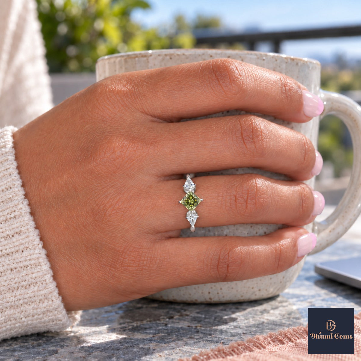 Green Princess Cut Lab Grown Diamond Engagement Ring - Trillion Three Stone in white gold, on the hand