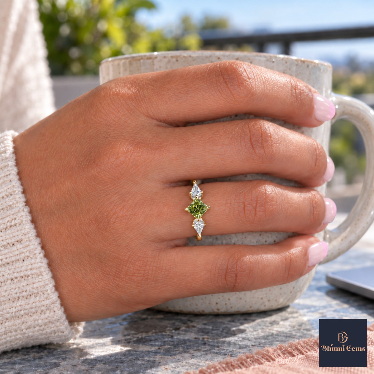 Green Princess Cut Lab Grown Diamond Engagement Ring - Trillion Three Stone in yellow gold, on the hand