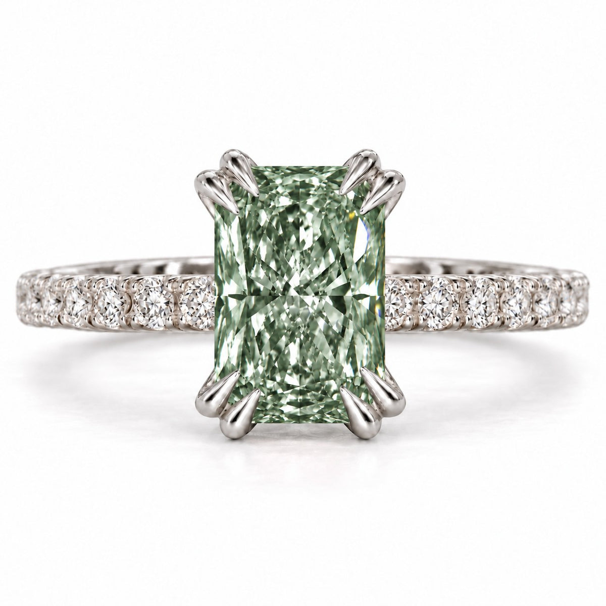Green Radiant Cut Lab Grown Diamond Engagement Ring - Cathedral Pave Band in white gold, front view