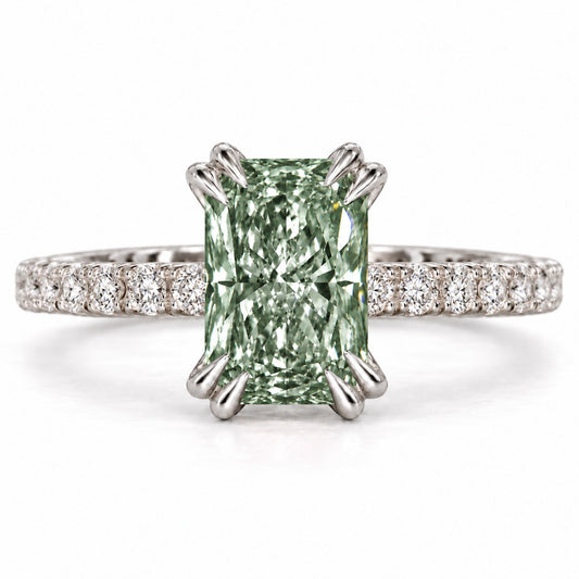 Green Radiant Cut Lab Grown Diamond Engagement Ring - Cathedral Pave Band in white gold, front view