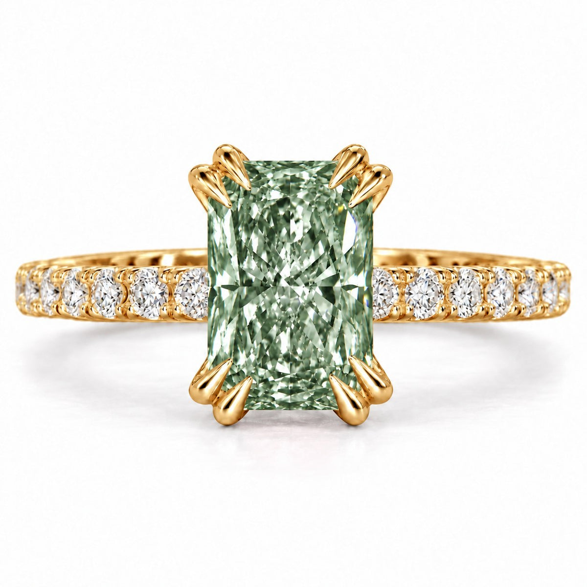 Green Radiant Cut Lab Grown Diamond Engagement Ring - Cathedral Pave Band in yellow gold, front view
