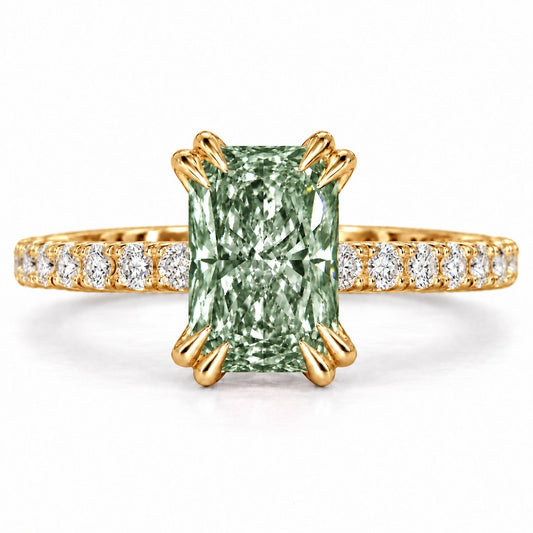 Green Radiant Cut Lab Grown Diamond Engagement Ring - Cathedral Pave Band in yellow gold, front view