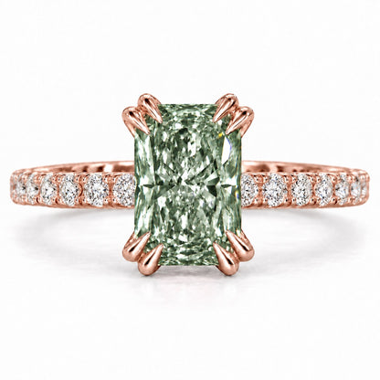 Green Radiant Cut Lab Grown Diamond Engagement Ring - Cathedral Pave Band in rose gold, front view