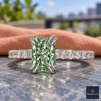 Green Radiant Cut Lab Grown Diamond Engagement Ring - Cathedral Pave Band in white gold, close-up