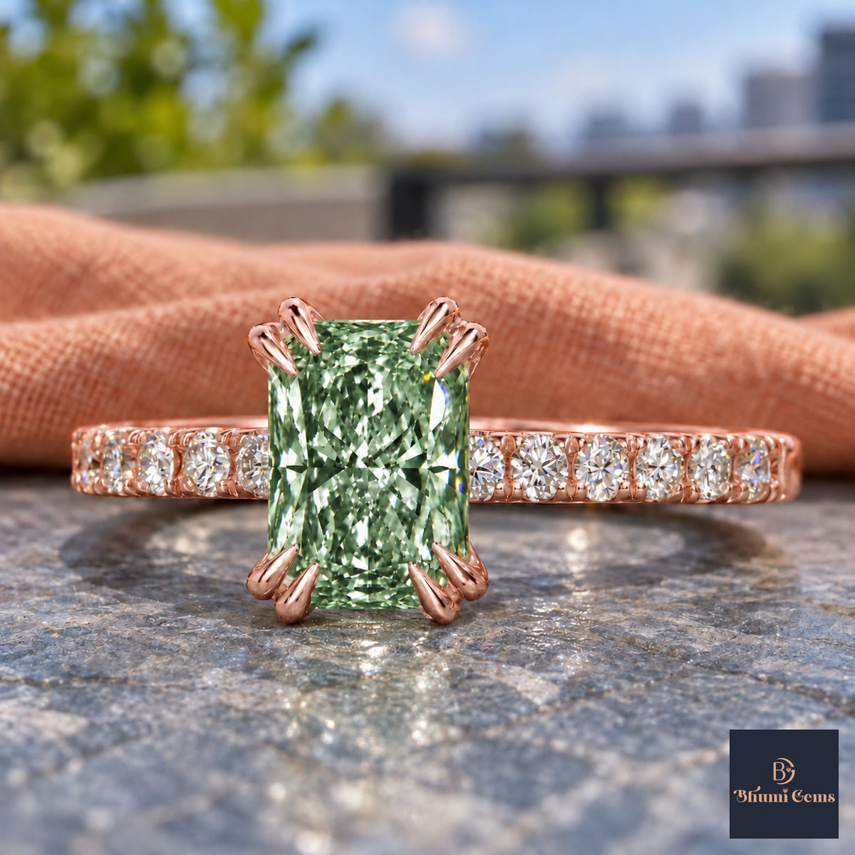 Green Radiant Cut Lab Grown Diamond Engagement Ring - Cathedral Pave Band in rose gold, close-up