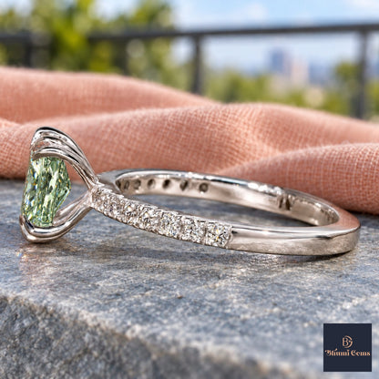 Green Radiant Cut Lab Grown Diamond Engagement Ring - Cathedral Pave Band in white gold, side view