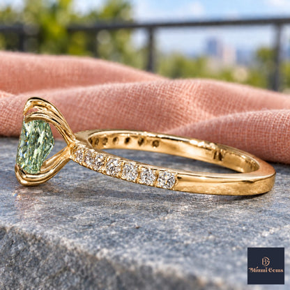 Green Radiant Cut Lab Grown Diamond Engagement Ring - Cathedral Pave Band in yellow gold, side view