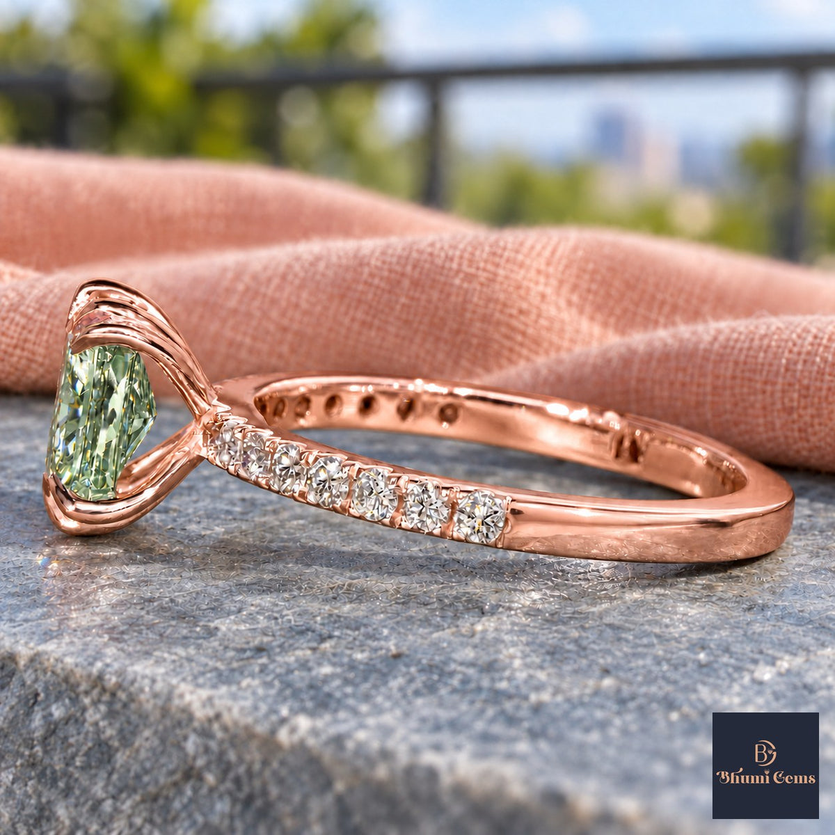 Green Radiant Cut Lab Grown Diamond Engagement Ring - Cathedral Pave Band in rose gold, side view