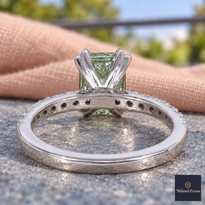 Green Radiant Cut Lab Grown Diamond Engagement Ring - Cathedral Pave Band in white gold, gallery view