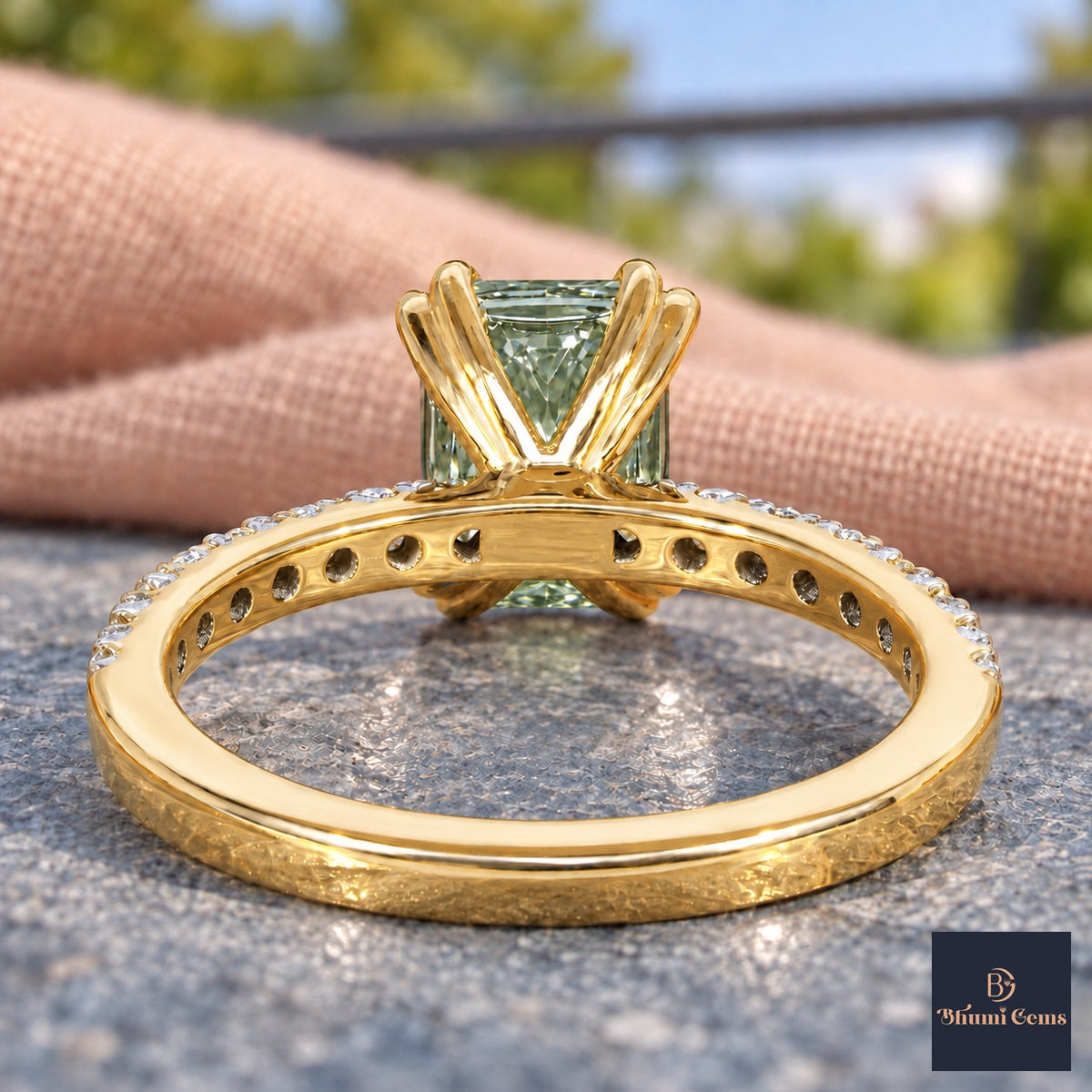Green Radiant Cut Lab Grown Diamond Engagement Ring - Cathedral Pave Band in yellow gold, gallery view