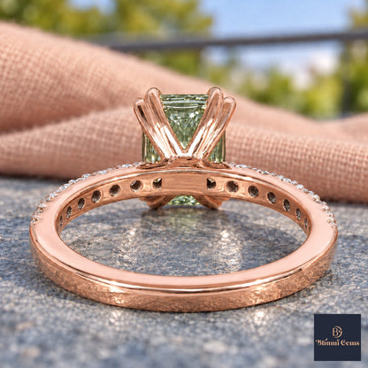 Green Radiant Cut Lab Grown Diamond Engagement Ring - Cathedral Pave Band in rose gold, gallery view