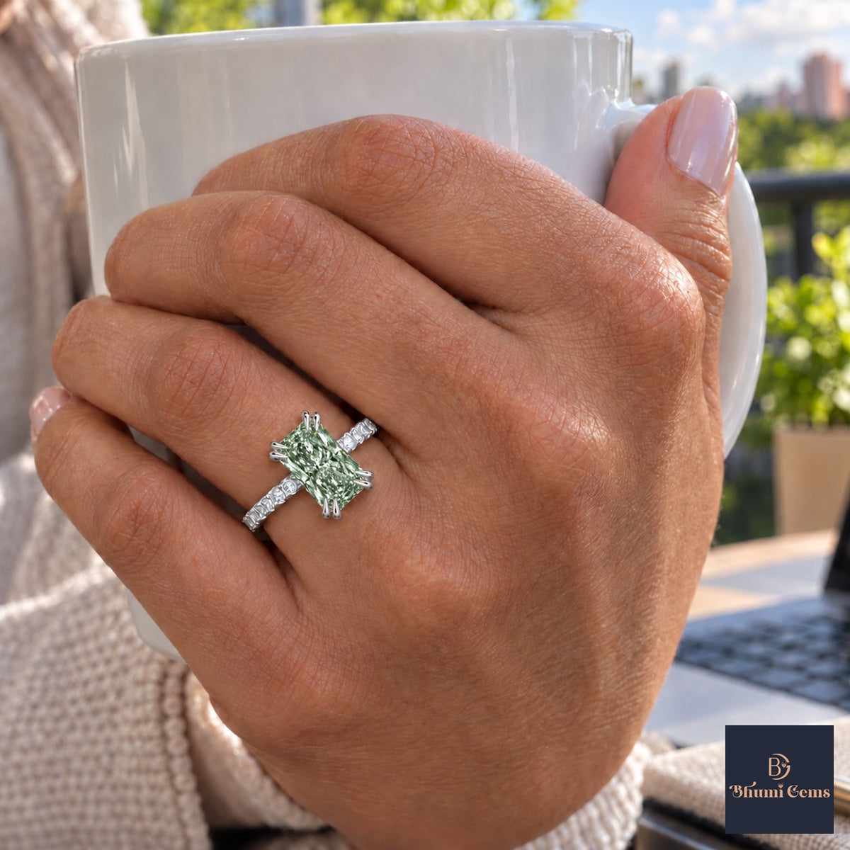 Green Radiant Cut Lab Grown Diamond Engagement Ring - Cathedral Pave Band in white gold, on the hand