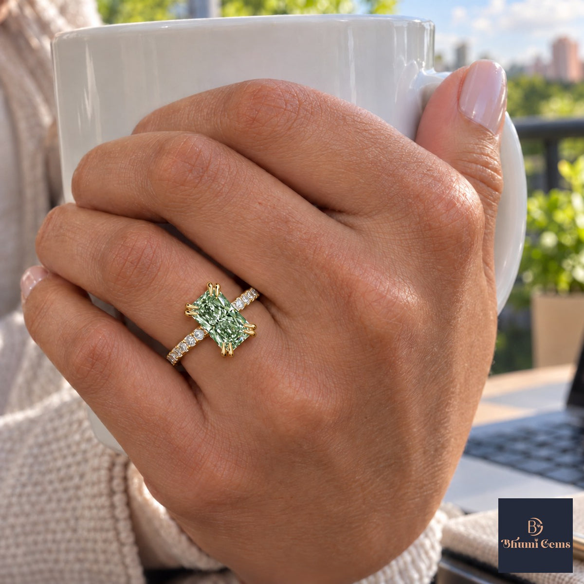 Green Radiant Cut Lab Grown Diamond Engagement Ring - Cathedral Pave Band in yellow gold, on the hand