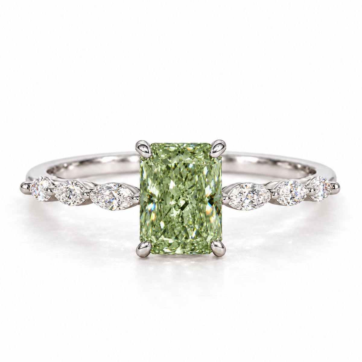 Green Radiant Cut Lab Grown Diamond Engagement Ring - Navette Band in white gold, front view