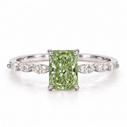 Green Radiant Cut Lab Grown Diamond Engagement Ring - Navette Band in white gold, front view