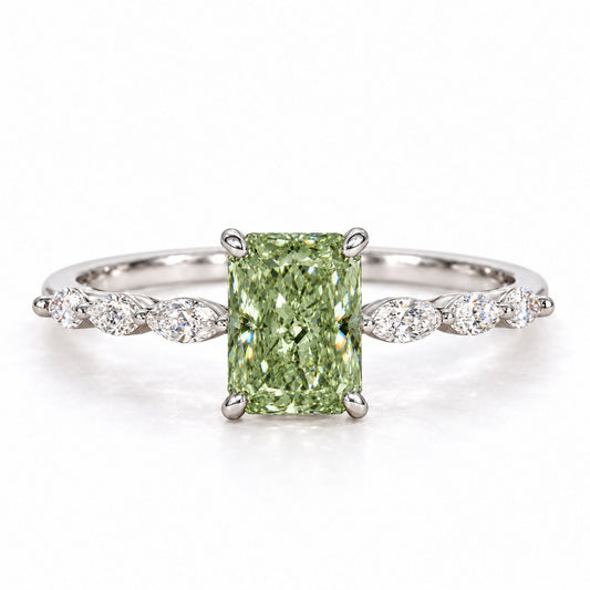 Green Radiant Cut Lab Grown Diamond Engagement Ring - Navette Band in white gold, front view
