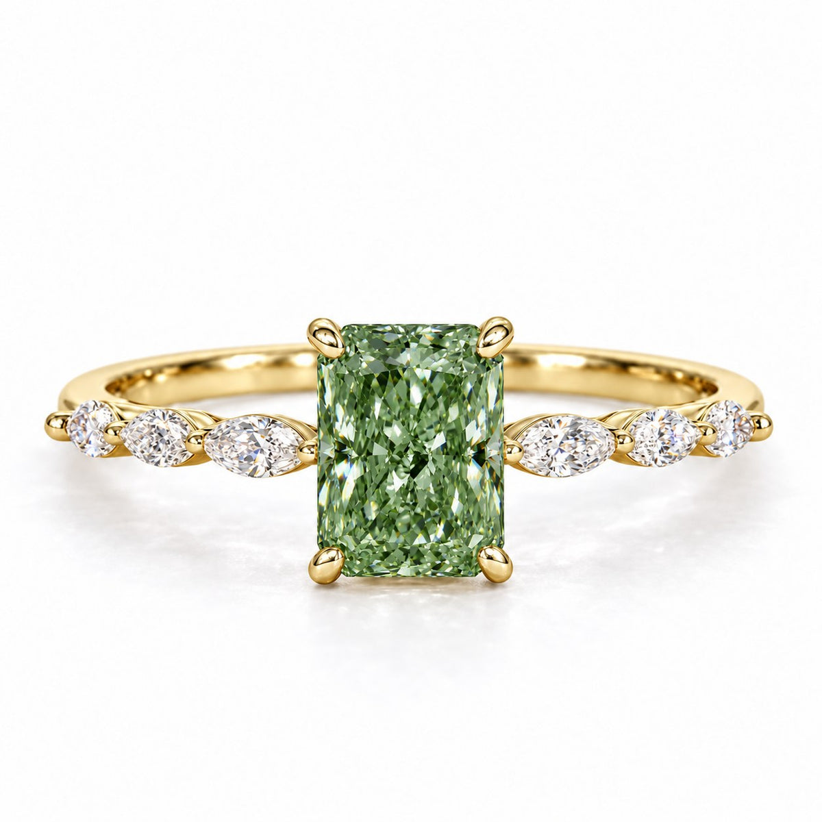 Green Radiant Cut Lab Grown Diamond Engagement Ring - Navette Band in yellow gold, front view