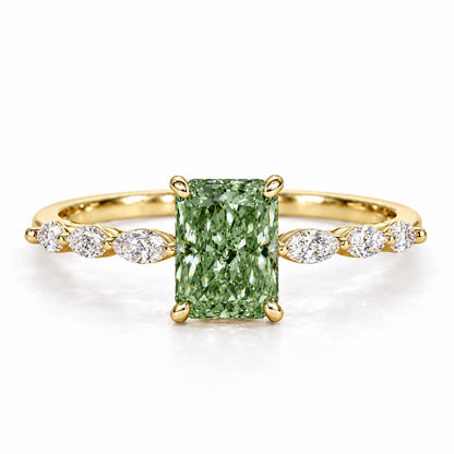 Green Radiant Cut Lab Grown Diamond Engagement Ring - Navette Band in yellow gold, front view