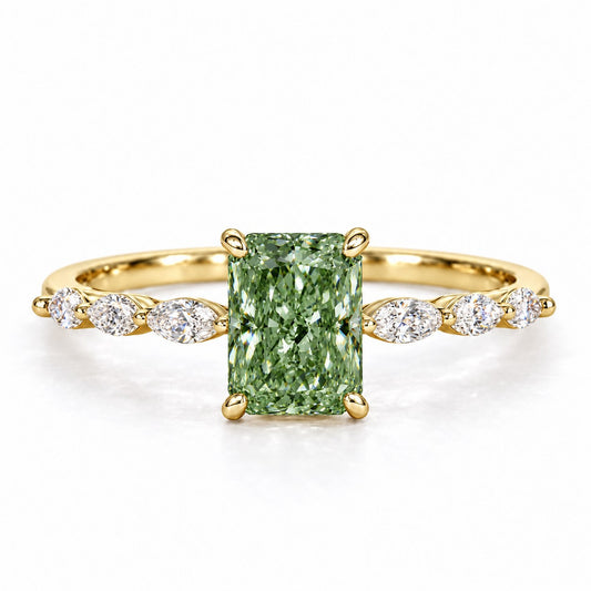 Green Radiant Cut Lab Grown Diamond Engagement Ring - Navette Band in yellow gold, front view