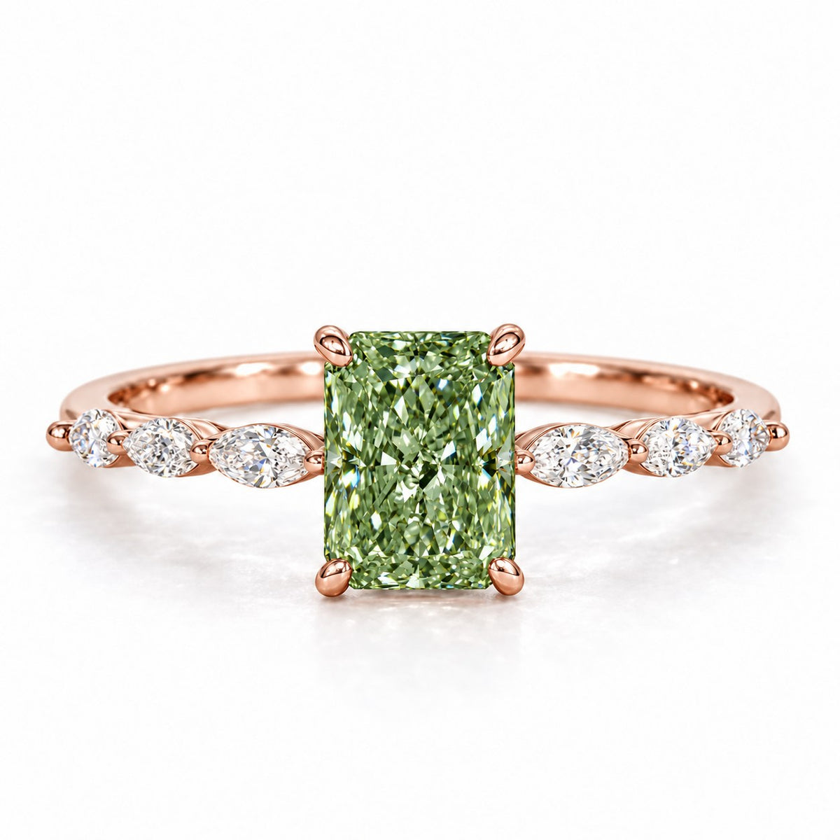 Green Radiant Cut Lab Grown Diamond Engagement Ring - Navette Band in rose gold, front view