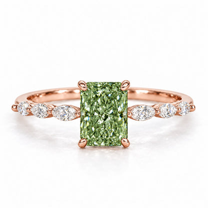 Green Radiant Cut Lab Grown Diamond Engagement Ring - Navette Band in rose gold, front view