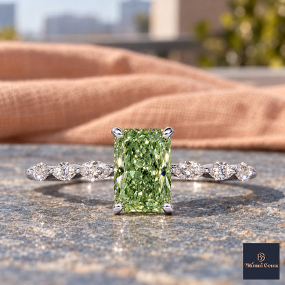Green Radiant Cut Lab Grown Diamond Engagement Ring - Navette Band in white gold, close-up