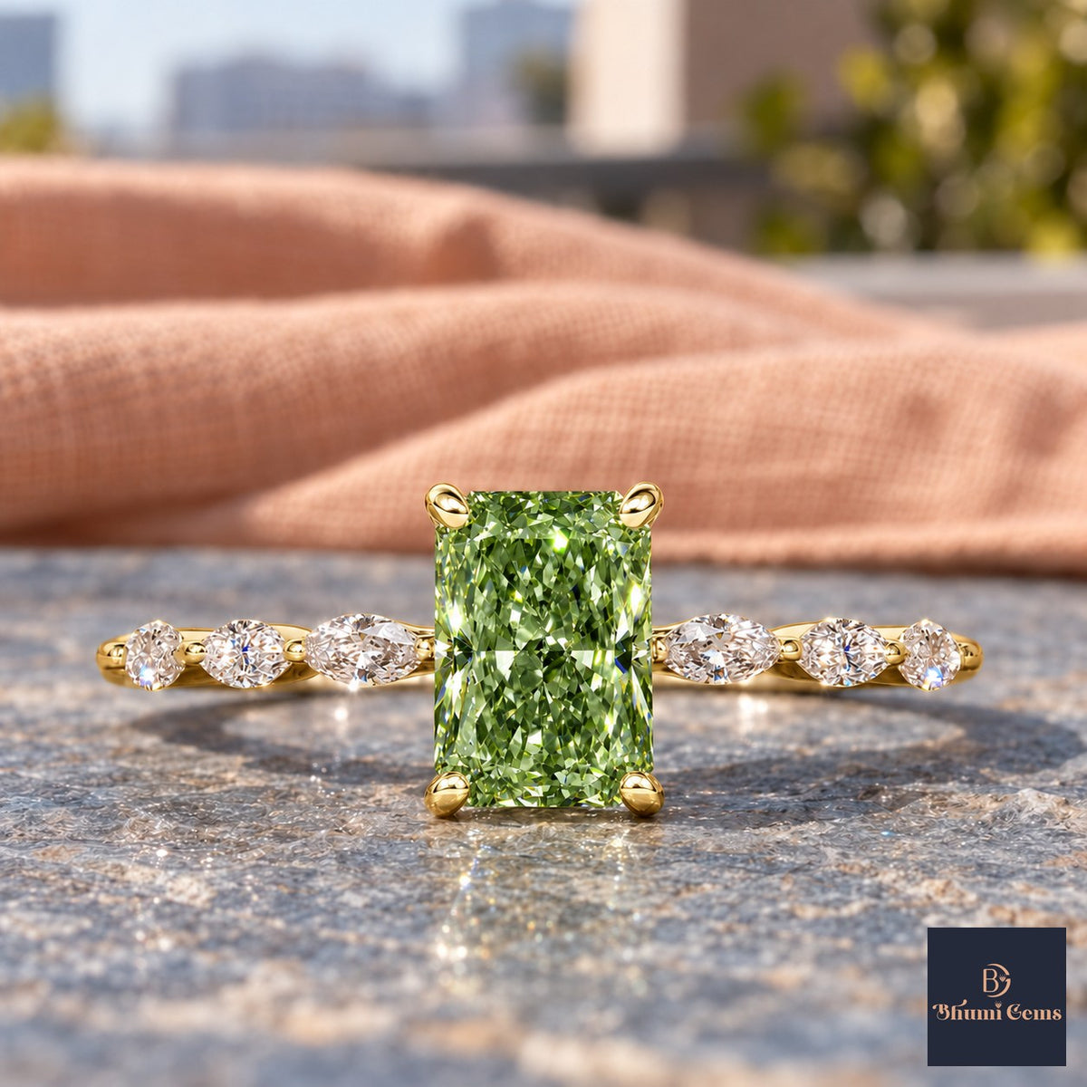 Green Radiant Cut Lab Grown Diamond Engagement Ring - Navette Band in yellow gold, close-up