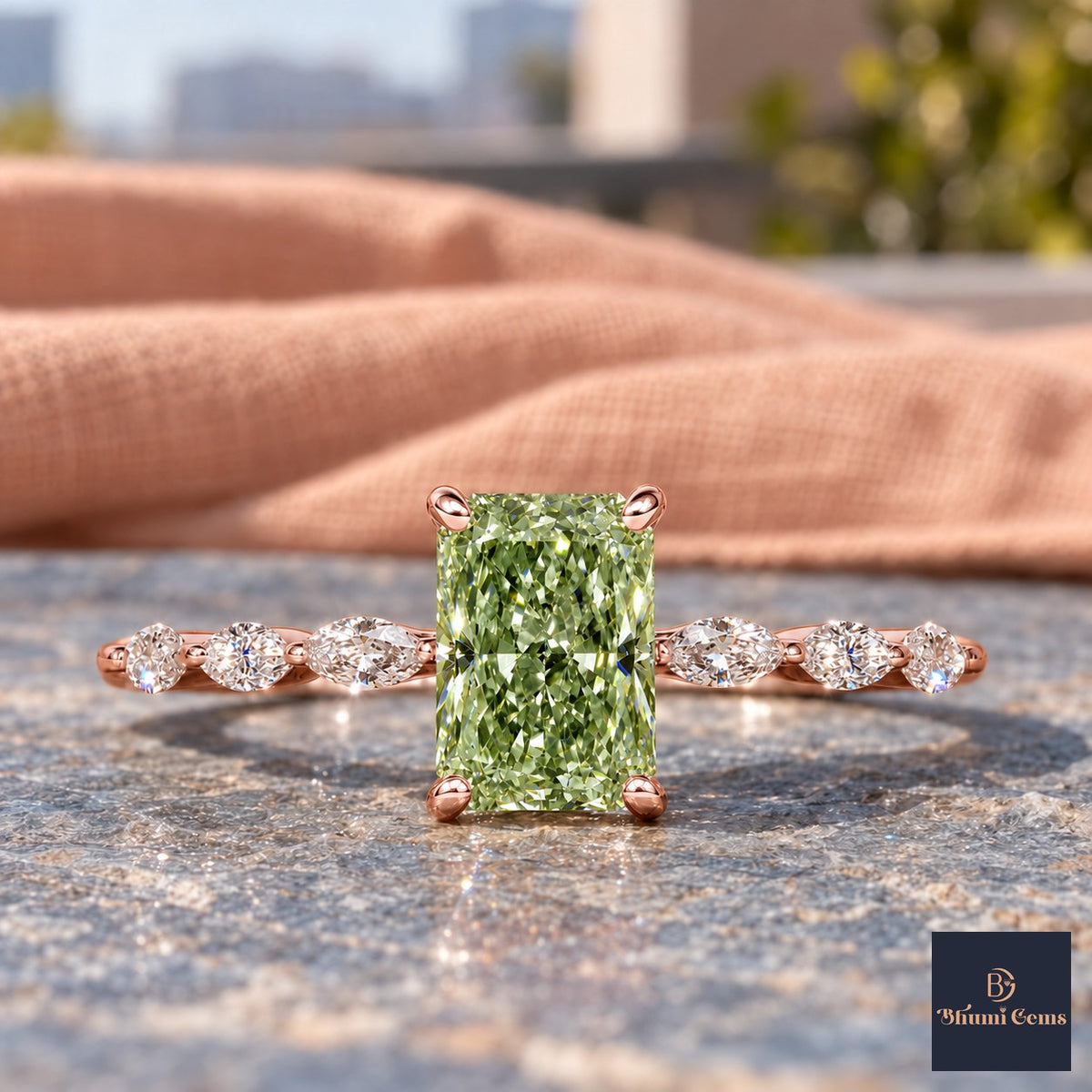 Green Radiant Cut Lab Grown Diamond Engagement Ring - Navette Band in rose gold, close-up
