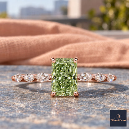 Green Radiant Cut Lab Grown Diamond Engagement Ring - Navette Band in rose gold, close-up