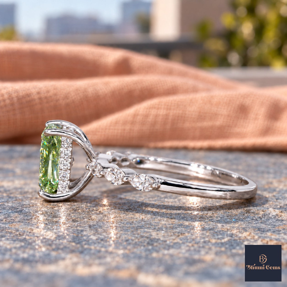 Green Radiant Cut Lab Grown Diamond Engagement Ring - Navette Band in white gold, side view