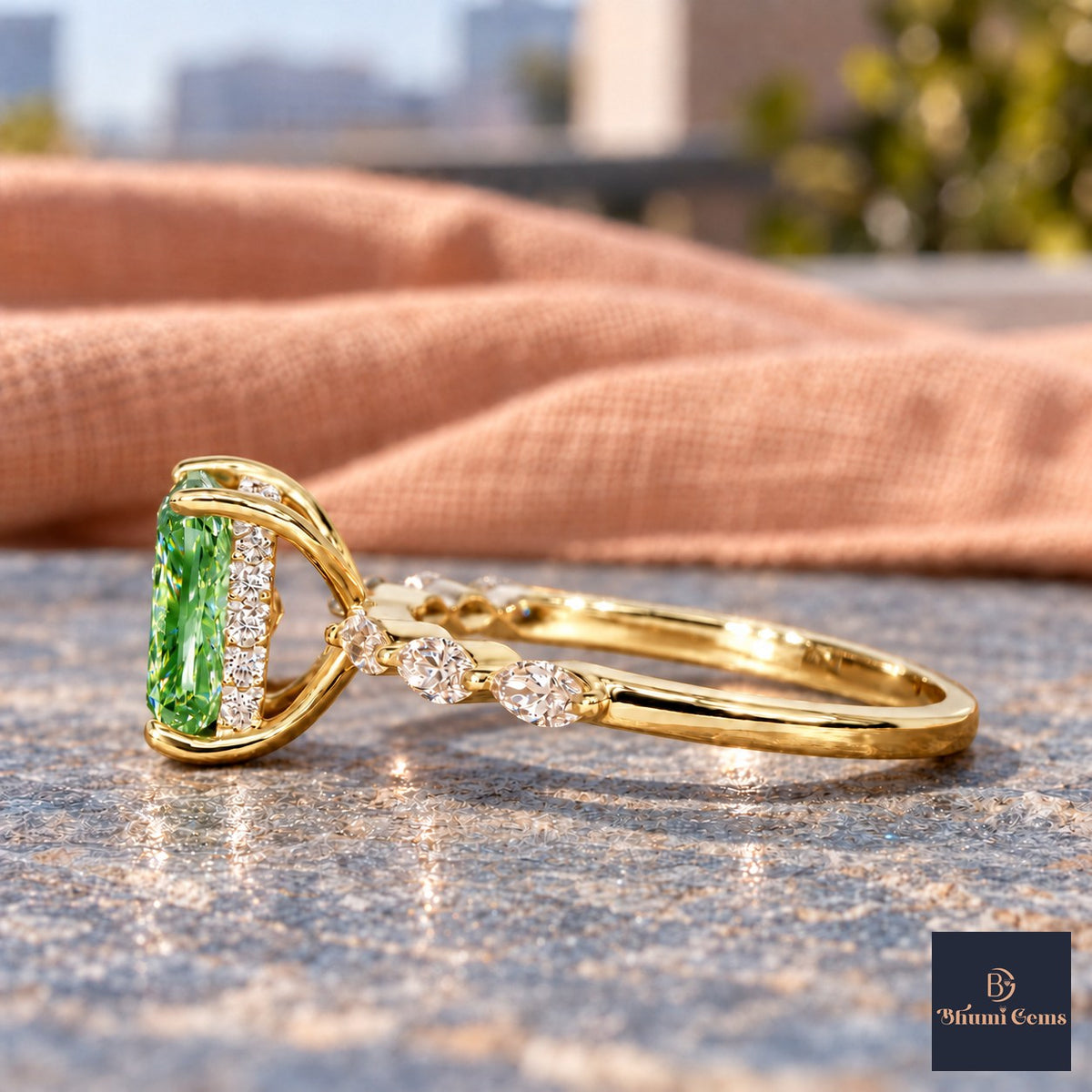 Green Radiant Cut Lab Grown Diamond Engagement Ring - Navette Band in yellow gold, side view