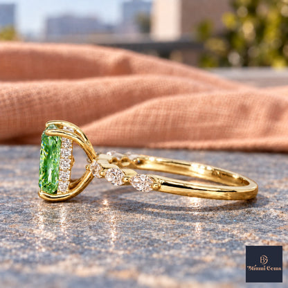 Green Radiant Cut Lab Grown Diamond Engagement Ring - Navette Band in yellow gold, side view