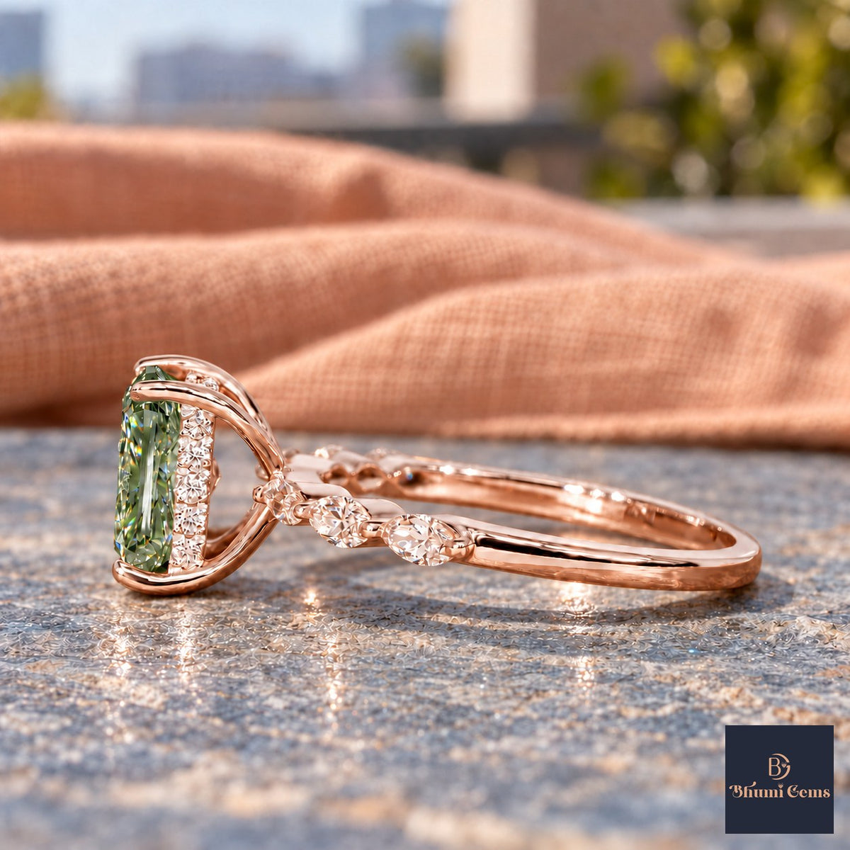 Green Radiant Cut Lab Grown Diamond Engagement Ring - Navette Band in rose gold, side view