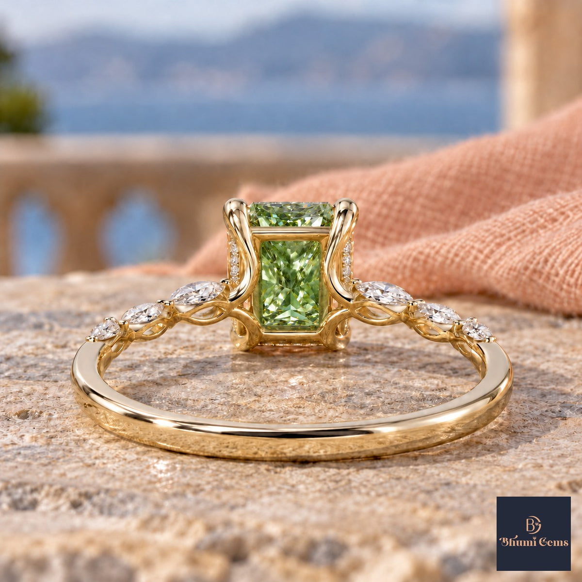 Green Radiant Cut Lab Grown Diamond Engagement Ring - Navette Band in yellow gold, gallery view