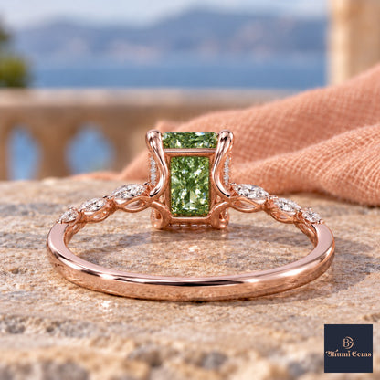 Green Radiant Cut Lab Grown Diamond Engagement Ring - Navette Band in rose gold, gallery view