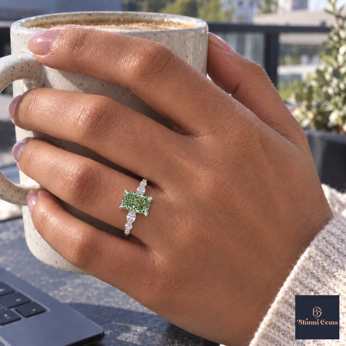 Green Radiant Cut Lab Grown Diamond Engagement Ring - Navette Band in white gold, on the hand