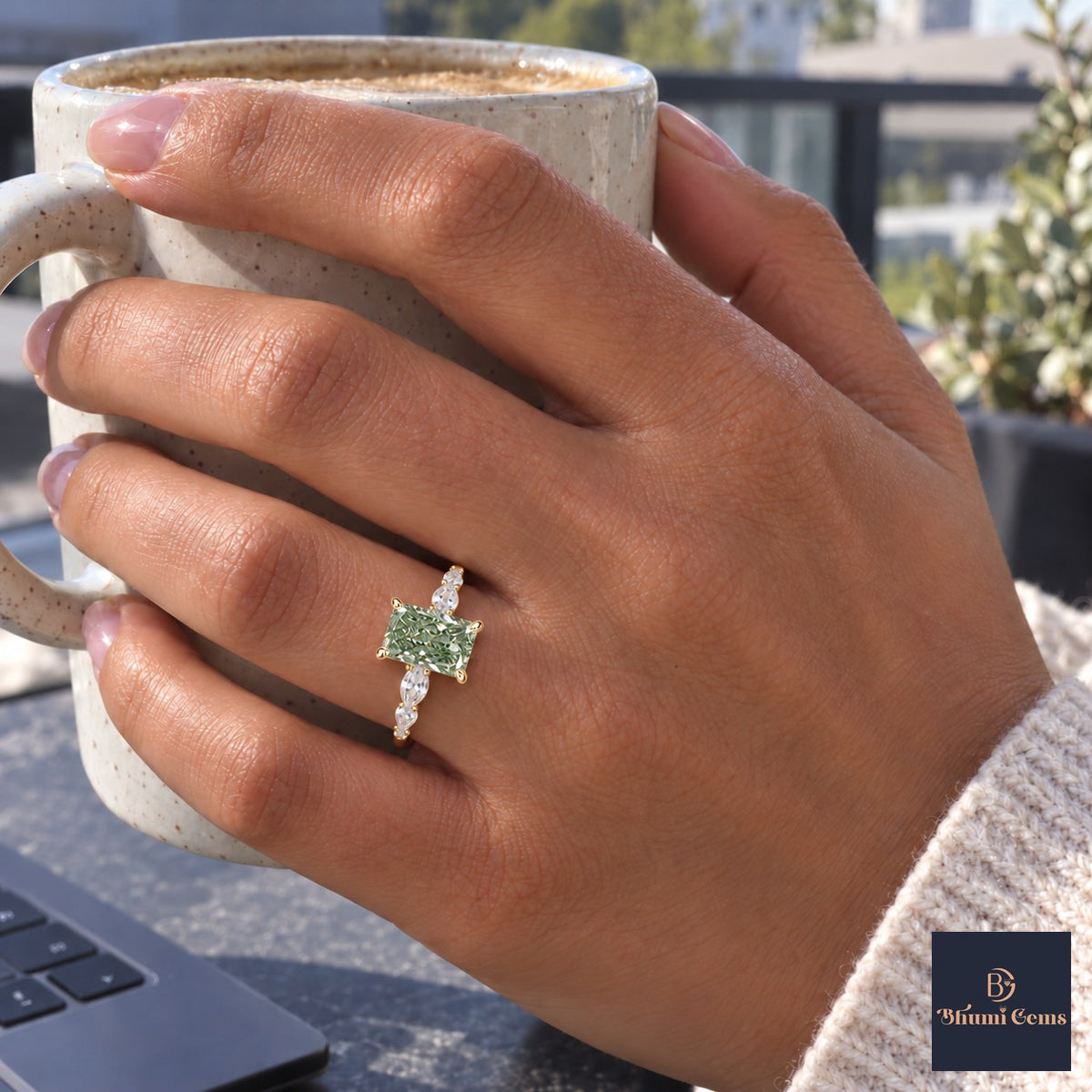 Green Radiant Cut Lab Grown Diamond Engagement Ring - Navette Band in yellow gold, on the hand