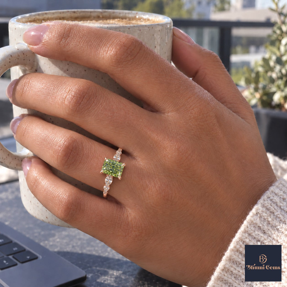 Green Radiant Cut Lab Grown Diamond Engagement Ring - Navette Band in rose gold, on the hand