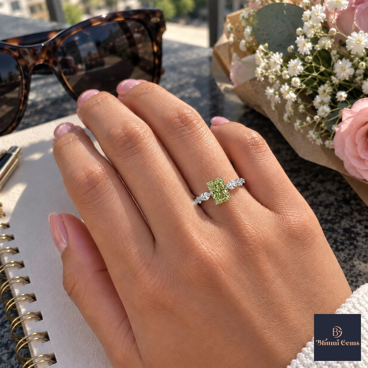 Green Radiant Cut Lab Grown Diamond Engagement Ring - Navette Band in white gold, worn on the hand