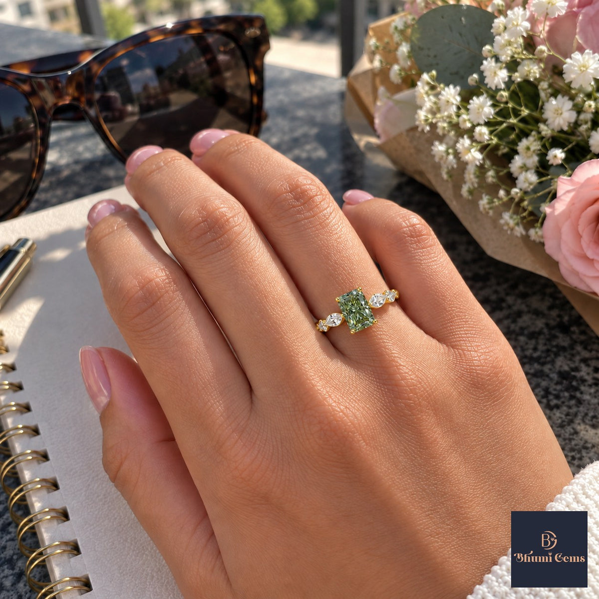 Green Radiant Cut Lab Grown Diamond Engagement Ring - Navette Band in yellow gold, worn on the hand