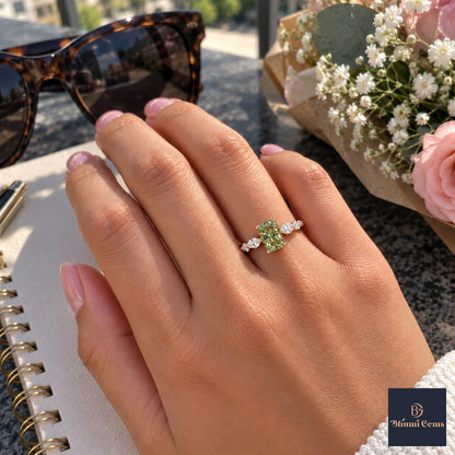 Green Radiant Cut Lab Grown Diamond Engagement Ring - Navette Band in rose gold, worn on the hand