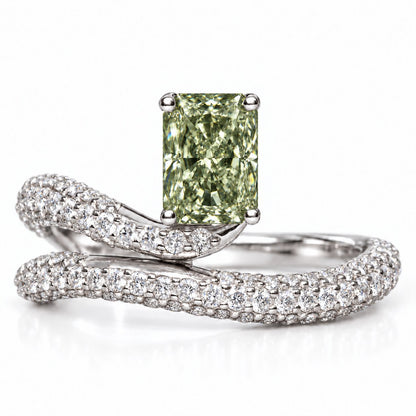 Green Radiant Cut Lab Grown Diamond Engagement Ring - Pave Wrap Bypass in white gold, front view