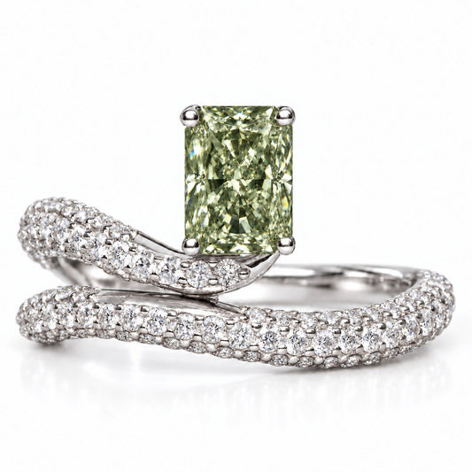 Green Radiant Cut Lab Grown Diamond Engagement Ring - Pave Wrap Bypass in white gold, front view