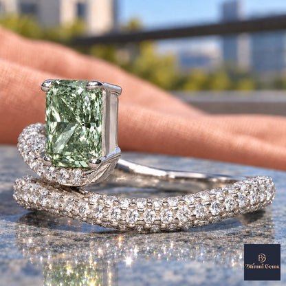 Green Radiant Cut Lab Grown Diamond Engagement Ring - Pave Wrap Bypass in white gold, close-up