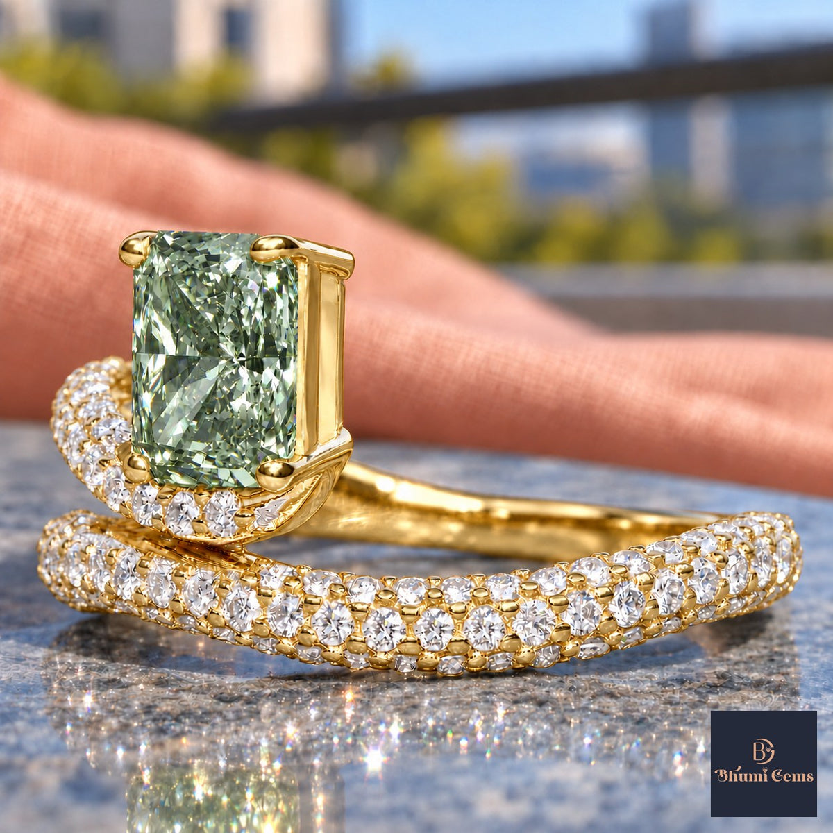 Green Radiant Cut Lab Grown Diamond Engagement Ring - Pave Wrap Bypass in yellow gold, close-up