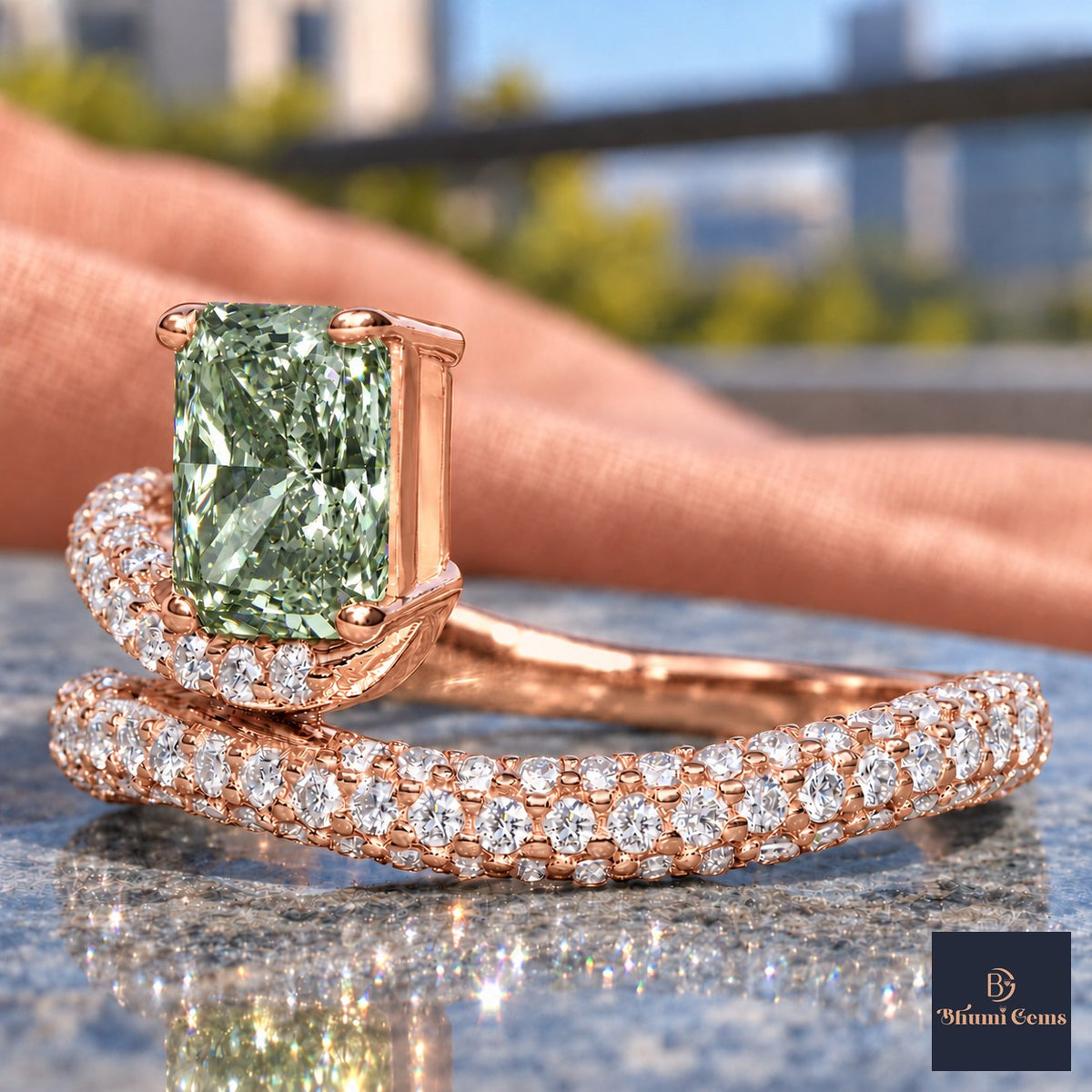 Green Radiant Cut Lab Grown Diamond Engagement Ring - Pave Wrap Bypass in rose gold, close-up